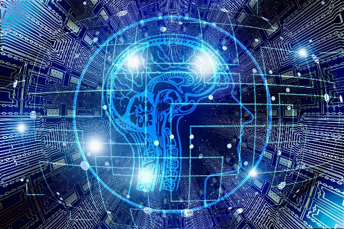 Représentation de circuit imprimé et d&#39;un cerveau, symbolisant l&#39;Intelligence Artificielle et la puissance de la Science des données industrielle.
